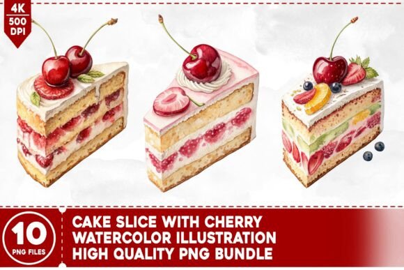 Cake Slice with Cherry PNG Bundle