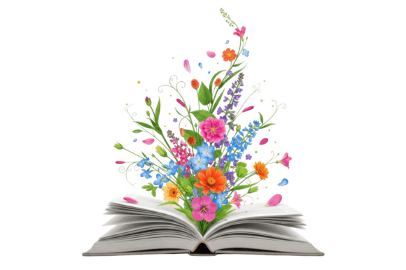 Colorful Flowers Emerging from Open Book – A Creative Design Asset for Diverse Projects