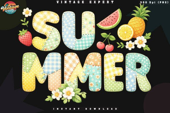 Cute Summer Floral Fruit Patchwork PNG Design