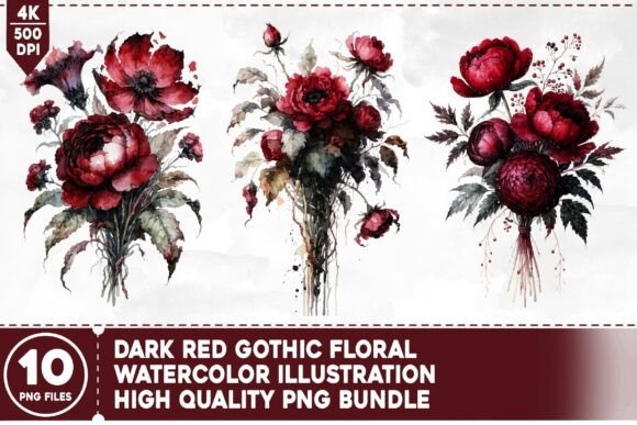 Dark Red Gothic Floral PNG Bundle for Creative Projects