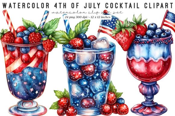 Evaluating Watercolor 4th of July Cocktail Clipart for Professional Design Projects