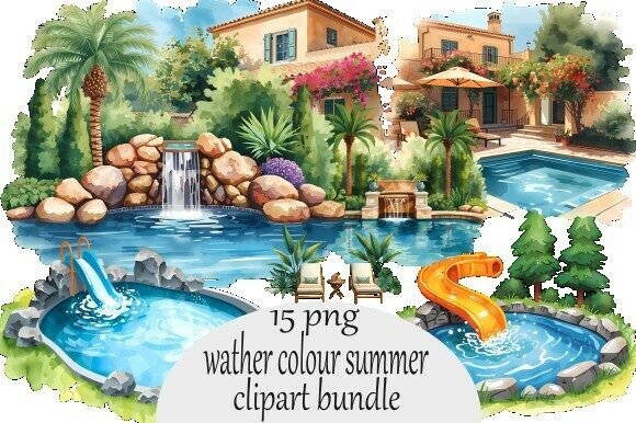 Watercolor Pool Garden Clipart Bundle Guide