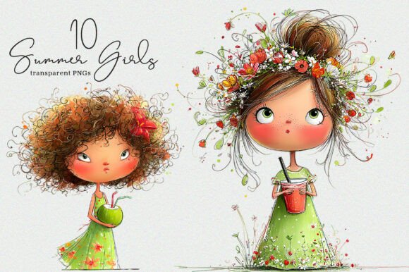 Whimsical Summer Girls with Drinks PNG Collection